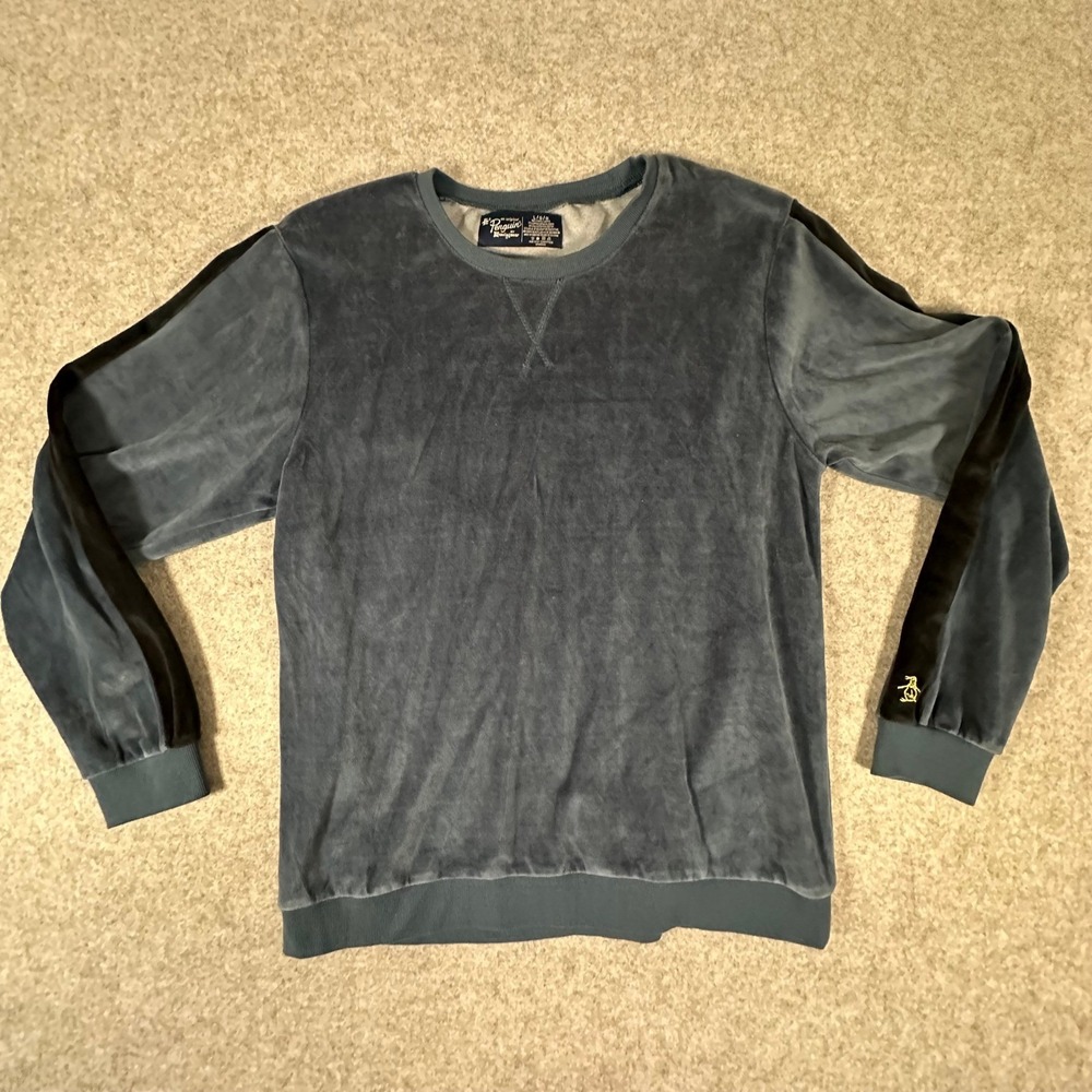 Original Penguin Velour Sweatshirt Large Blue Mens Side Stripe Crewneck